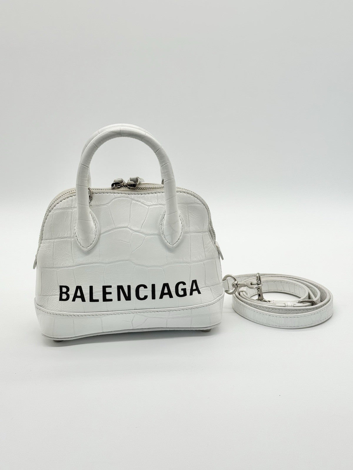 Balenciaga White Crocodile Ville Top Handle Bag with Black Letters