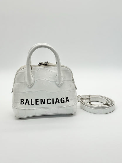 Balenciaga White Crocodile Ville Top Handle Bag with Black Letters