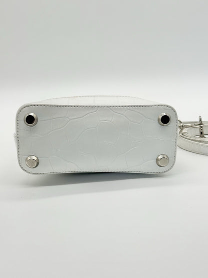 Balenciaga White Crocodile Ville Top Handle Bag with Black Letters