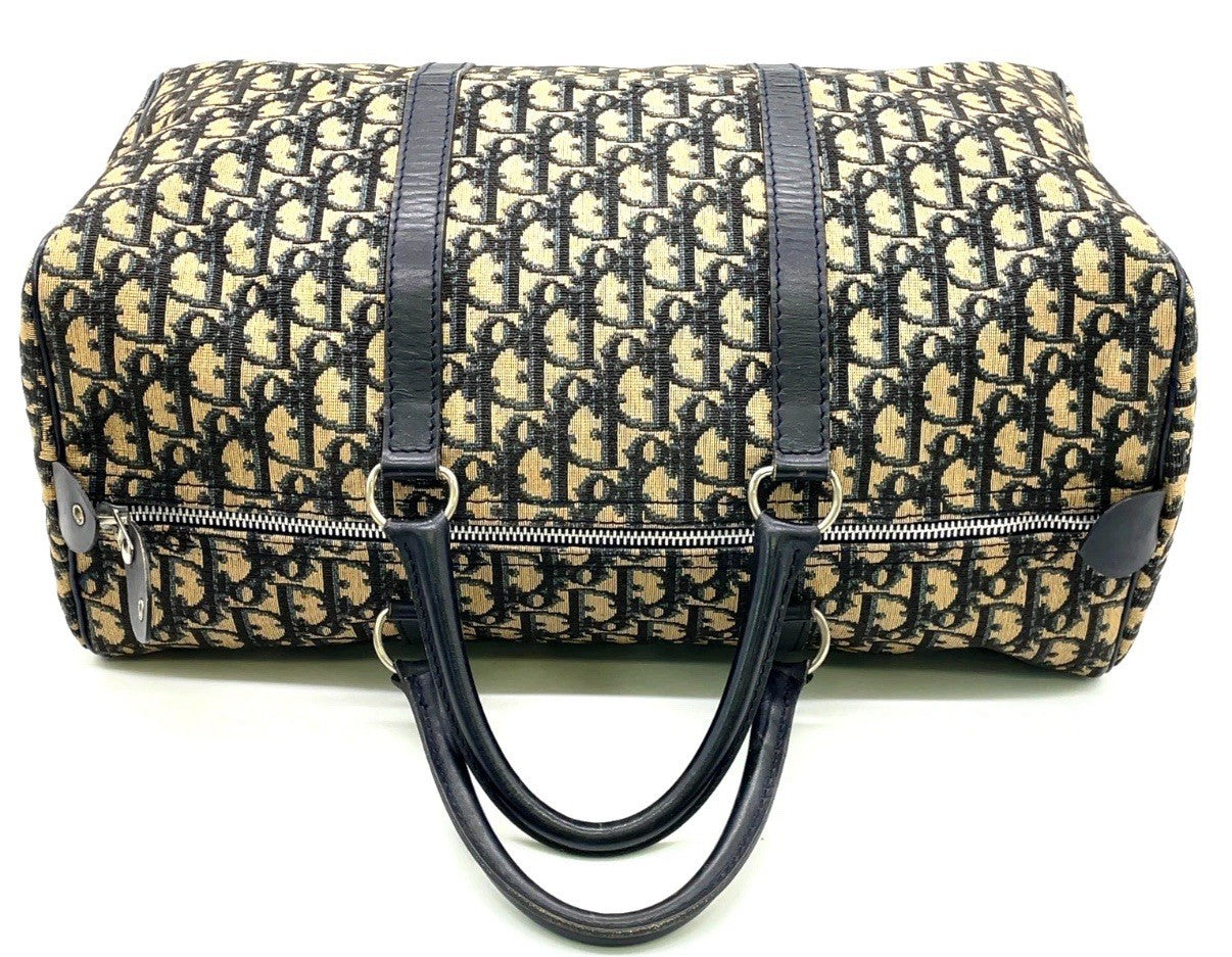 Auth Christian Dior Trotter Pattern Canvas Leather Navy Mini Boston Bag NS101457