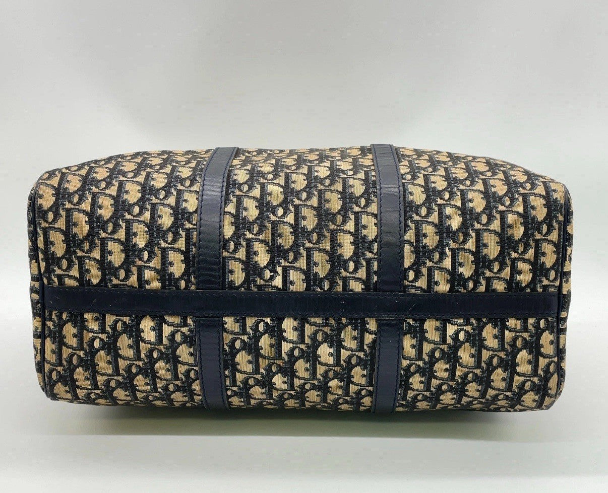 Auth Christian Dior Trotter Pattern Canvas Leather Navy Mini Boston Bag NS101457