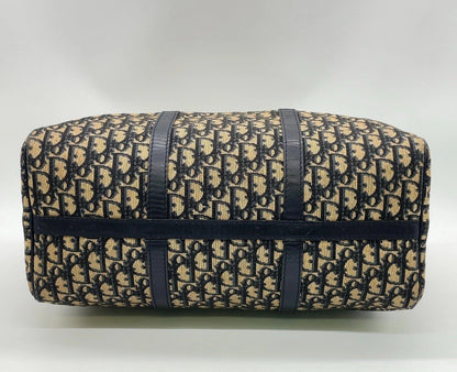 Auth Christian Dior Trotter Pattern Canvas Leather Navy Mini Boston Bag NS101457