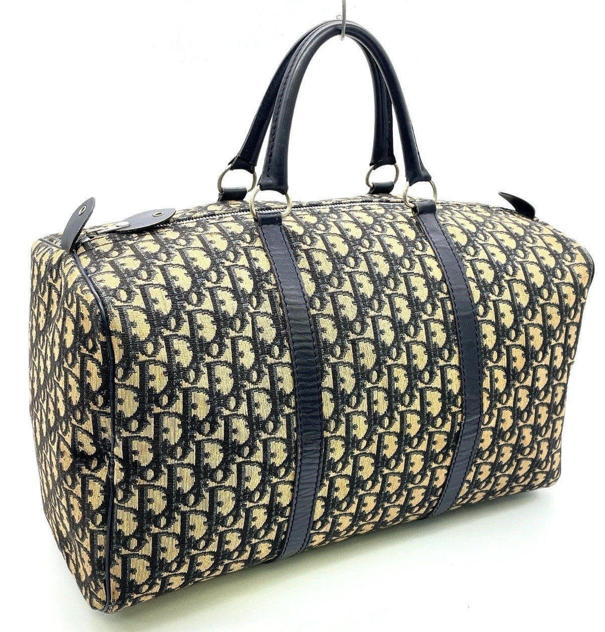 Auth Christian Dior Trotter Pattern Canvas Leather Navy Mini Boston Bag NS101457