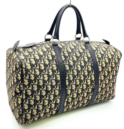 Auth Christian Dior Trotter Pattern Canvas Leather Navy Mini Boston Bag NS101457