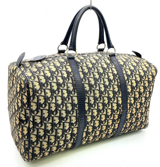 Auth Christian Dior Trotter Pattern Canvas Leather Navy Mini Boston Bag NS101457