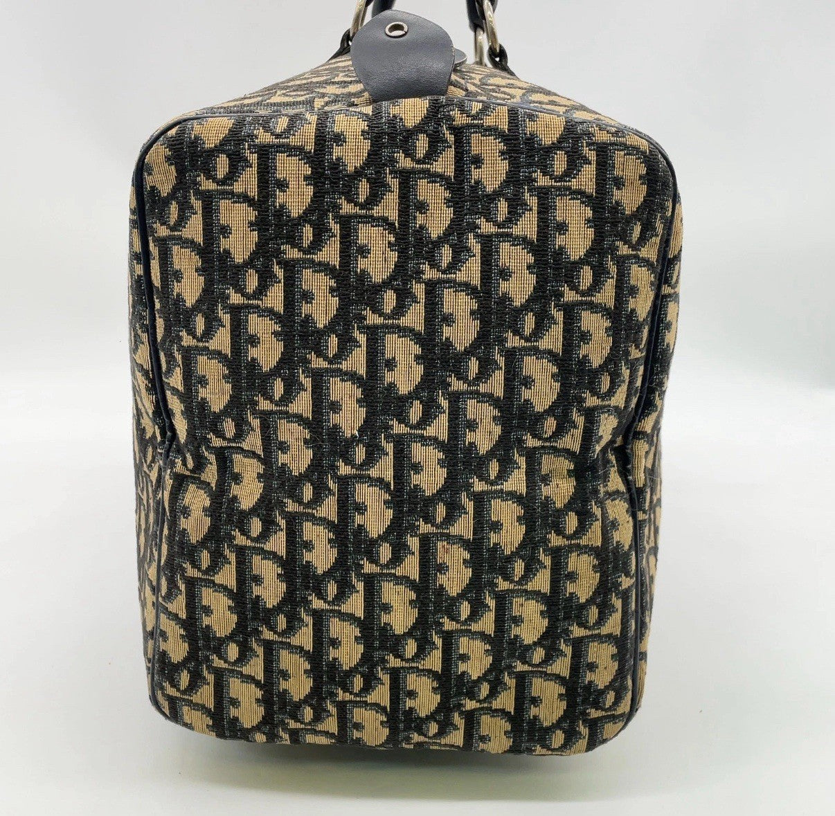 Auth Christian Dior Trotter Pattern Canvas Leather Navy Mini Boston Bag NS101457