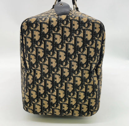 Auth Christian Dior Trotter Pattern Canvas Leather Navy Mini Boston Bag NS101457