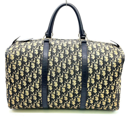 Auth Christian Dior Trotter Pattern Canvas Leather Navy Mini Boston Bag NS101457