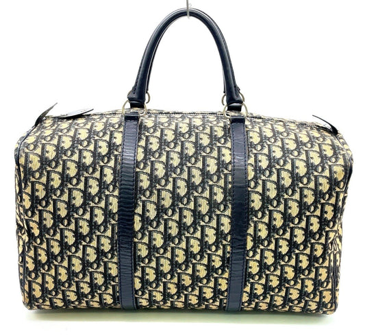 Auth Christian Dior Trotter Pattern Canvas Leather Navy Mini Boston Bag NS101457