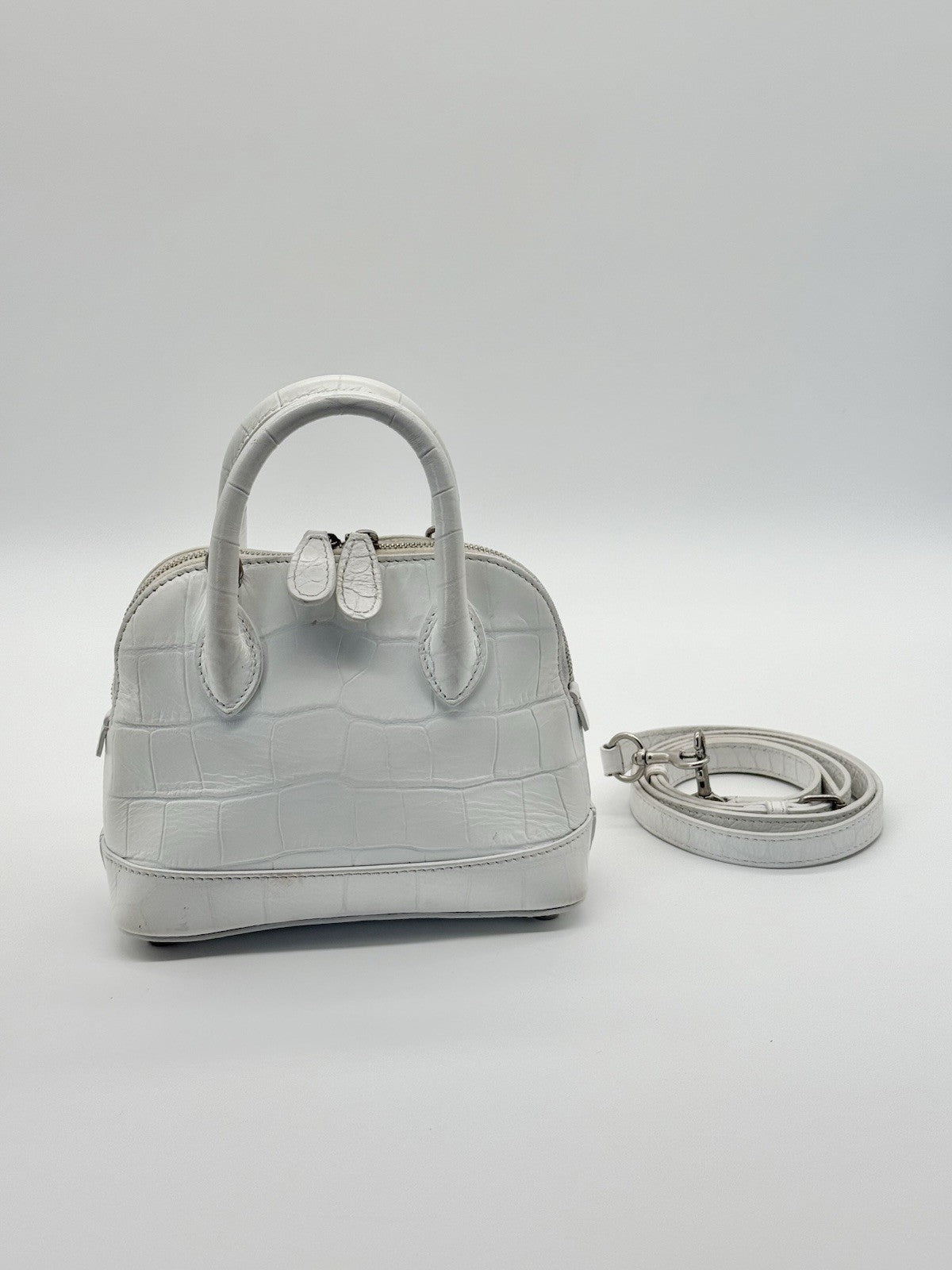 Balenciaga White Crocodile Ville Top Handle Bag with Black Letters